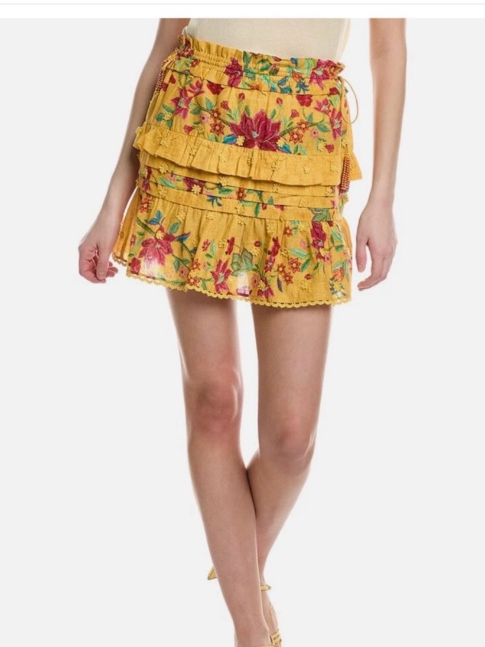 FARM Rio Yellow Floral Tiered Mini Skirt with Red & Green Embroidery